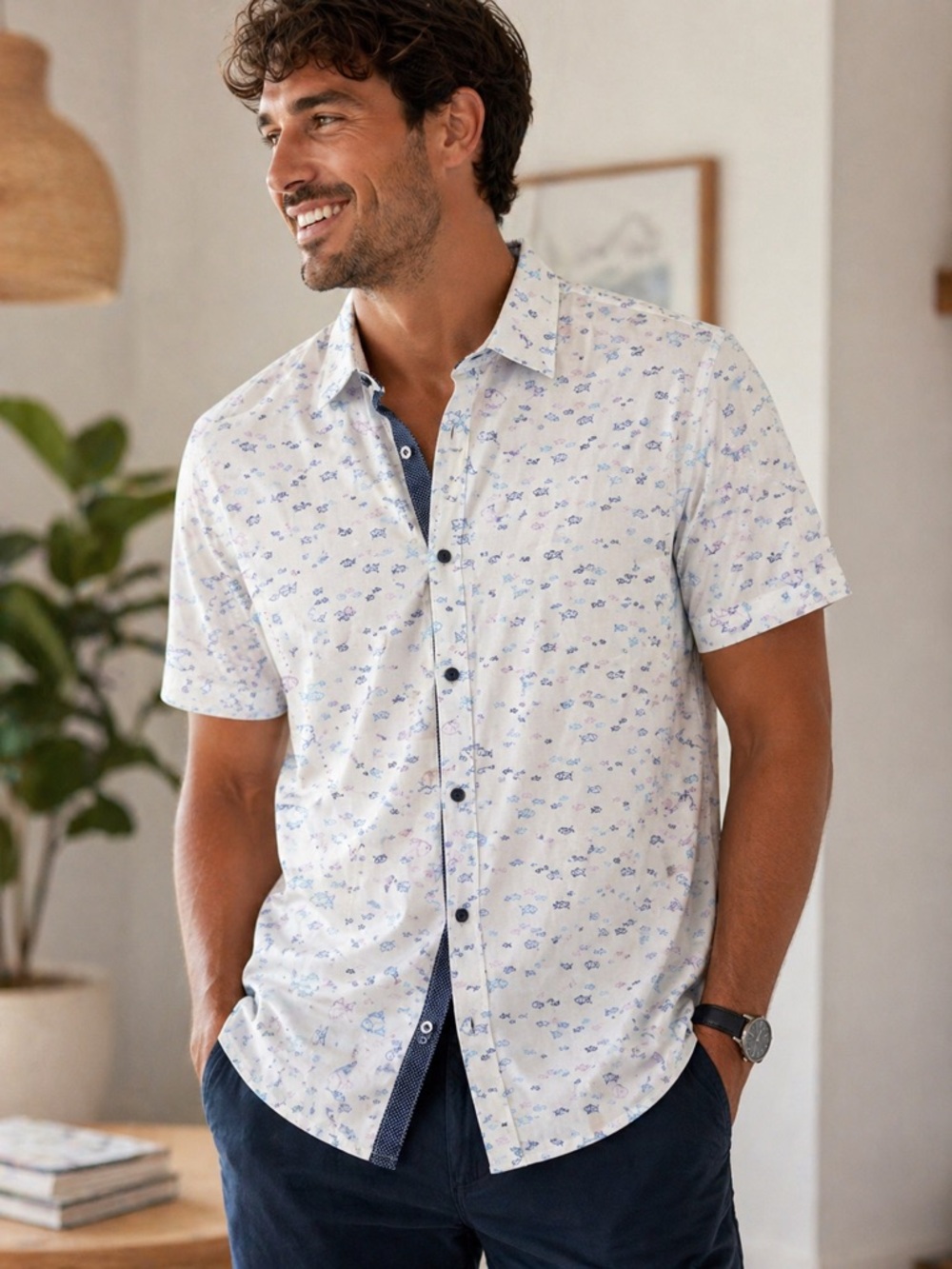 Construct • NWT  Short-Sleeve White & Blue Floral Button-Down Shirt